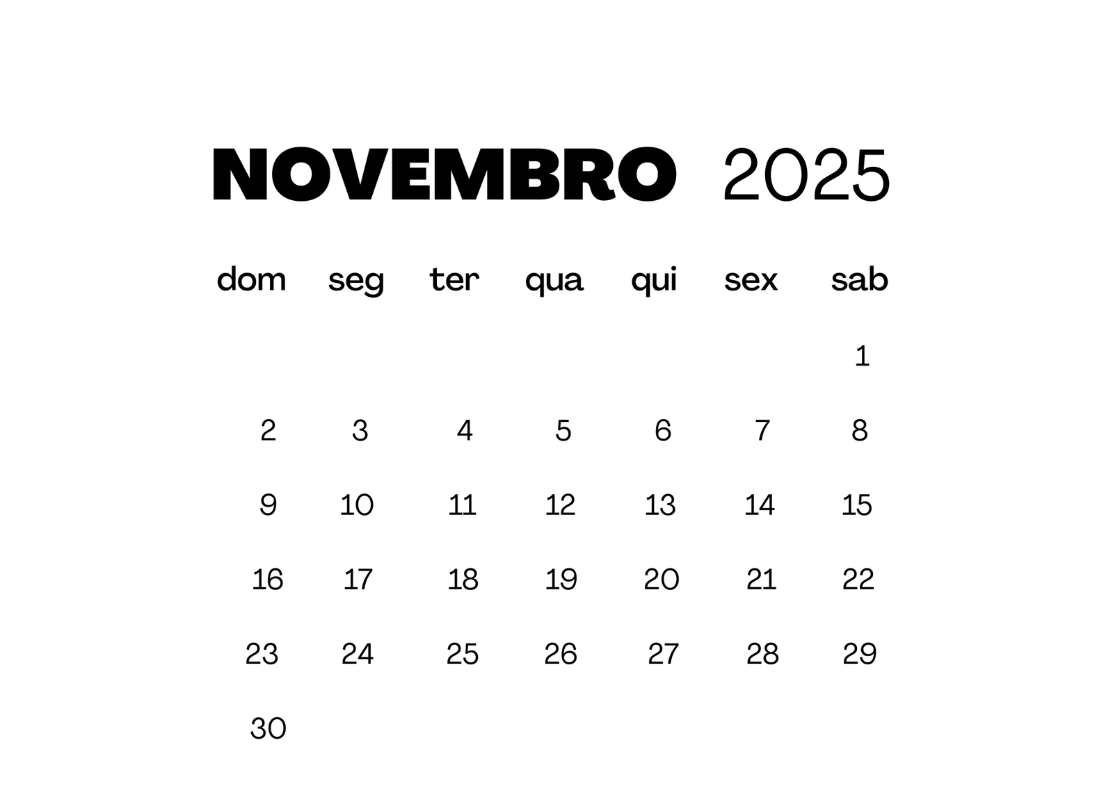 Calendário mês novembro 2025 para artes de sublimação